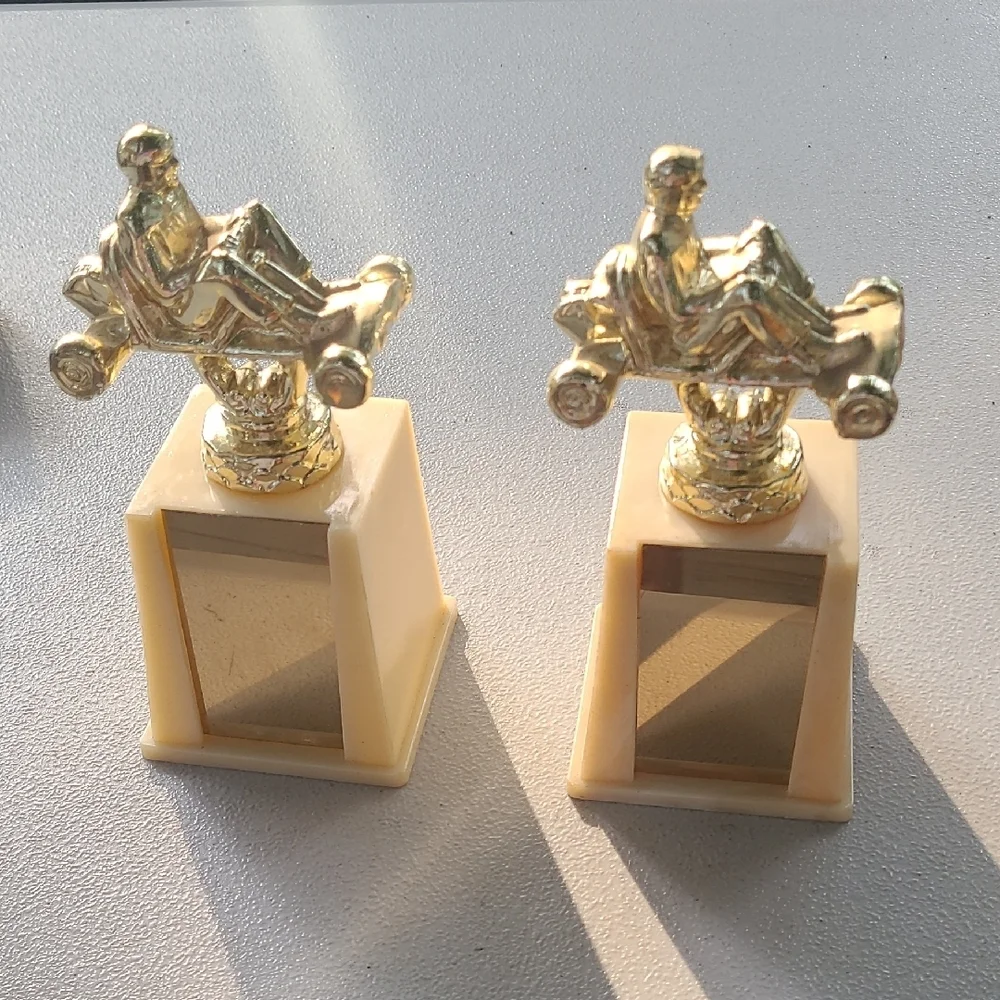 Vintage Gold Cream Go Kart Trophies Two Awards Blank‎ Front Plates